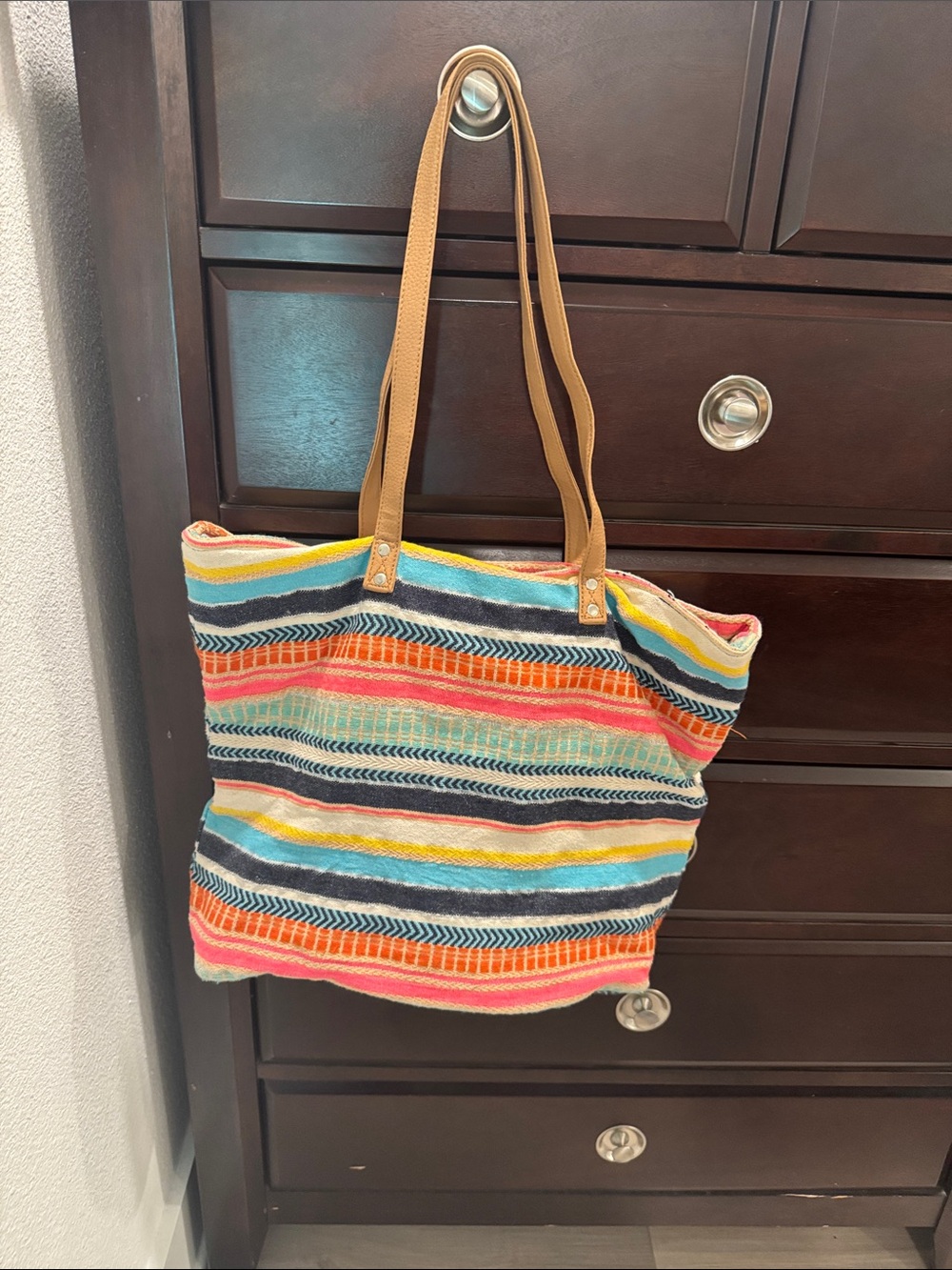 Striped Multicolor Tote Bag with Tan Straps